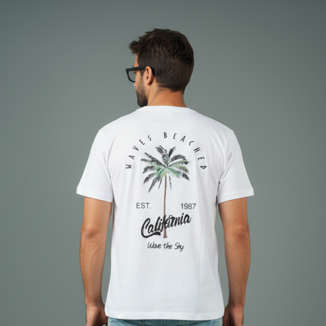 Oversized Super Size T-Shirt in white with a green palm tree and arched lettering