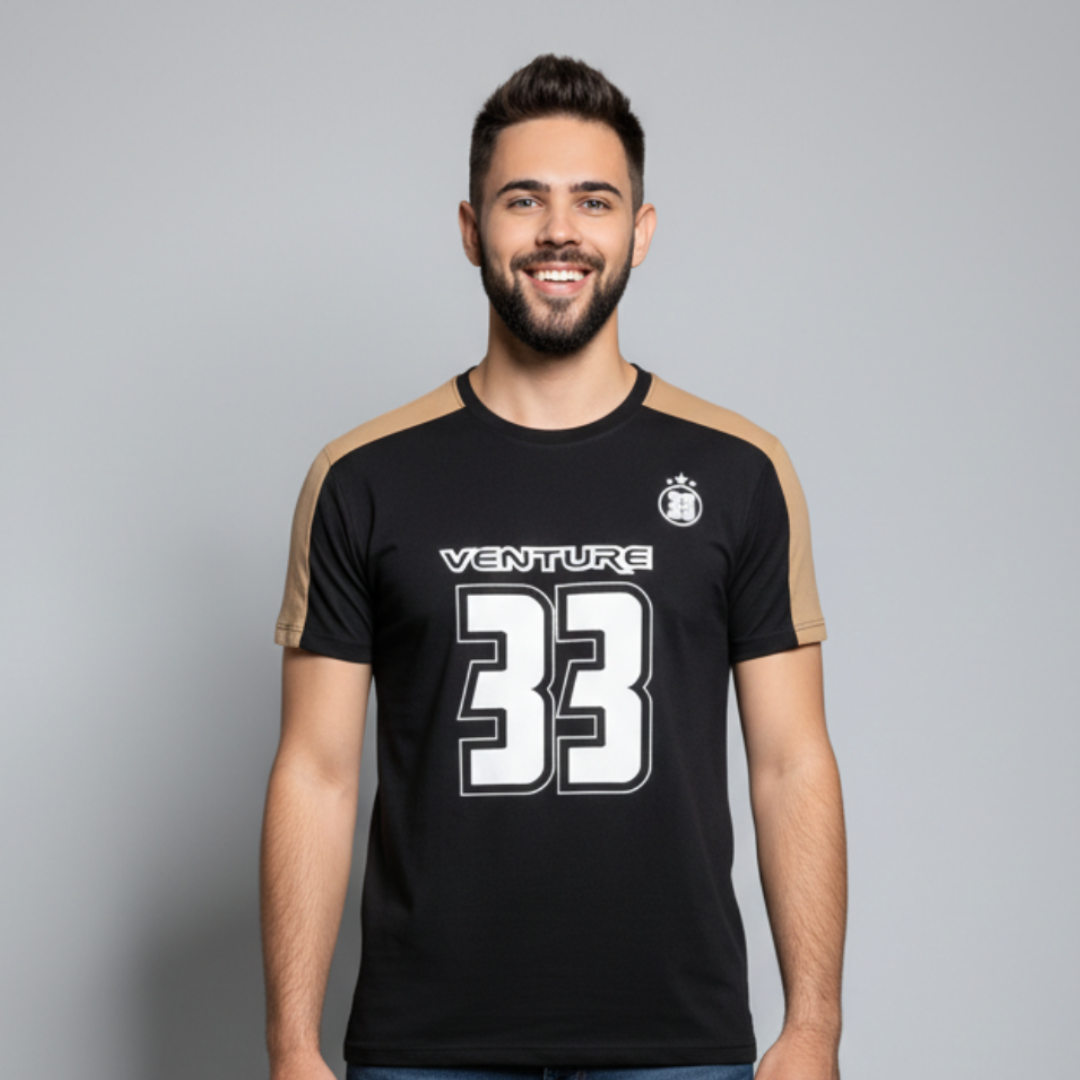 Oversized T-Shirt in black with beige shoulder panels and a white number print