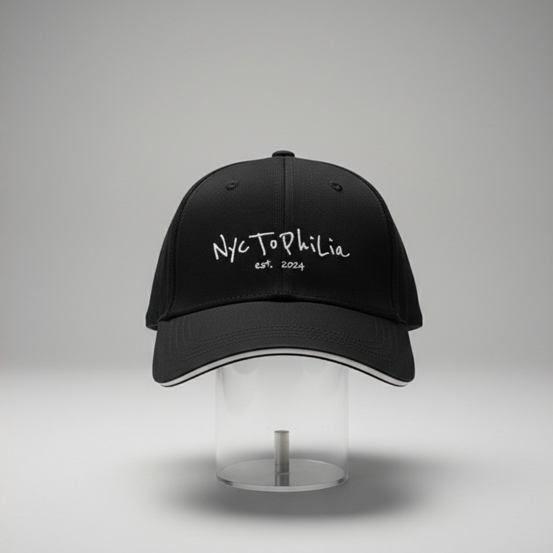 Black cap with white script embroidery at the front and a white peak trim