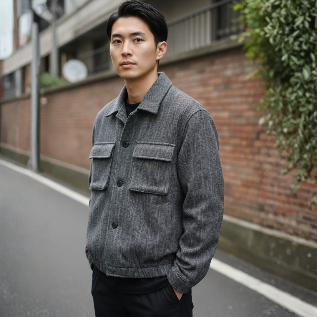 Man in a grey jacket with a fine woven look, a collar, flap chest pockets and a buttoned front