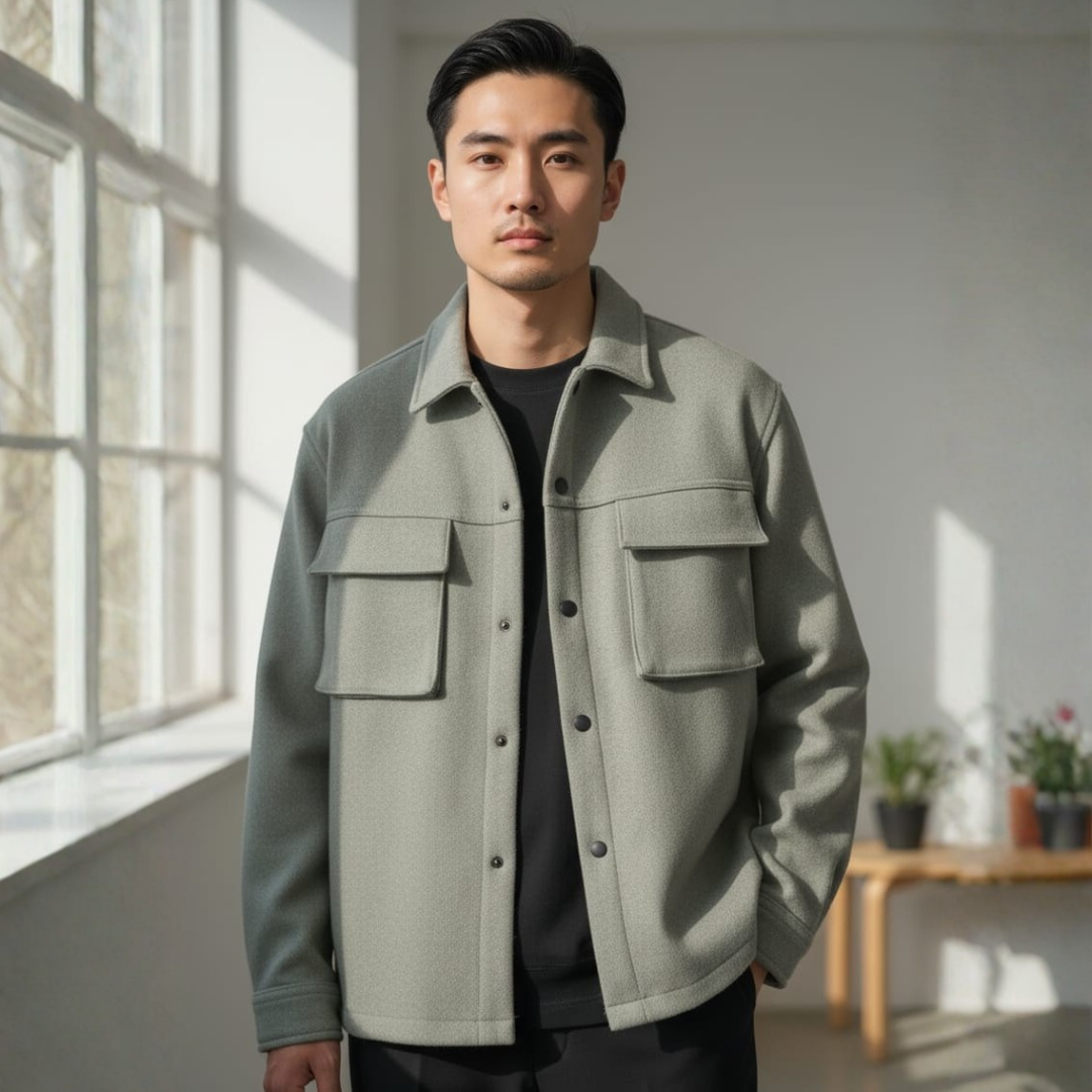 Man in a light sage jacket with a collar, large flap chest pockets and a snap front in a bright room