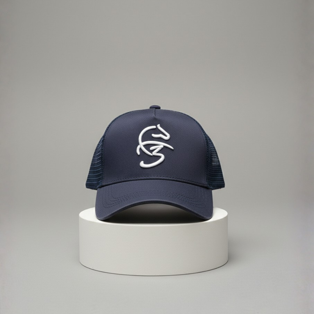 Navy trucker cap with white raised embroidery at the front and a mesh back