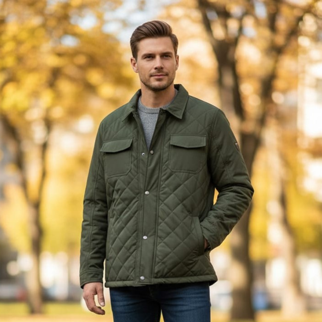 Olive quilted shirt jacket with a point collar, snap buttons and two chest flap pockets
