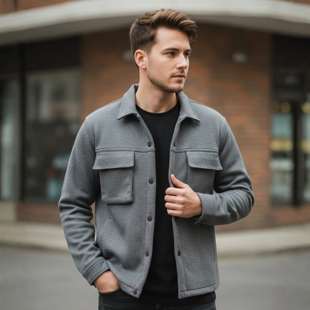 Grey shirt jacket with a point collar, a button front and two chest flap pockets