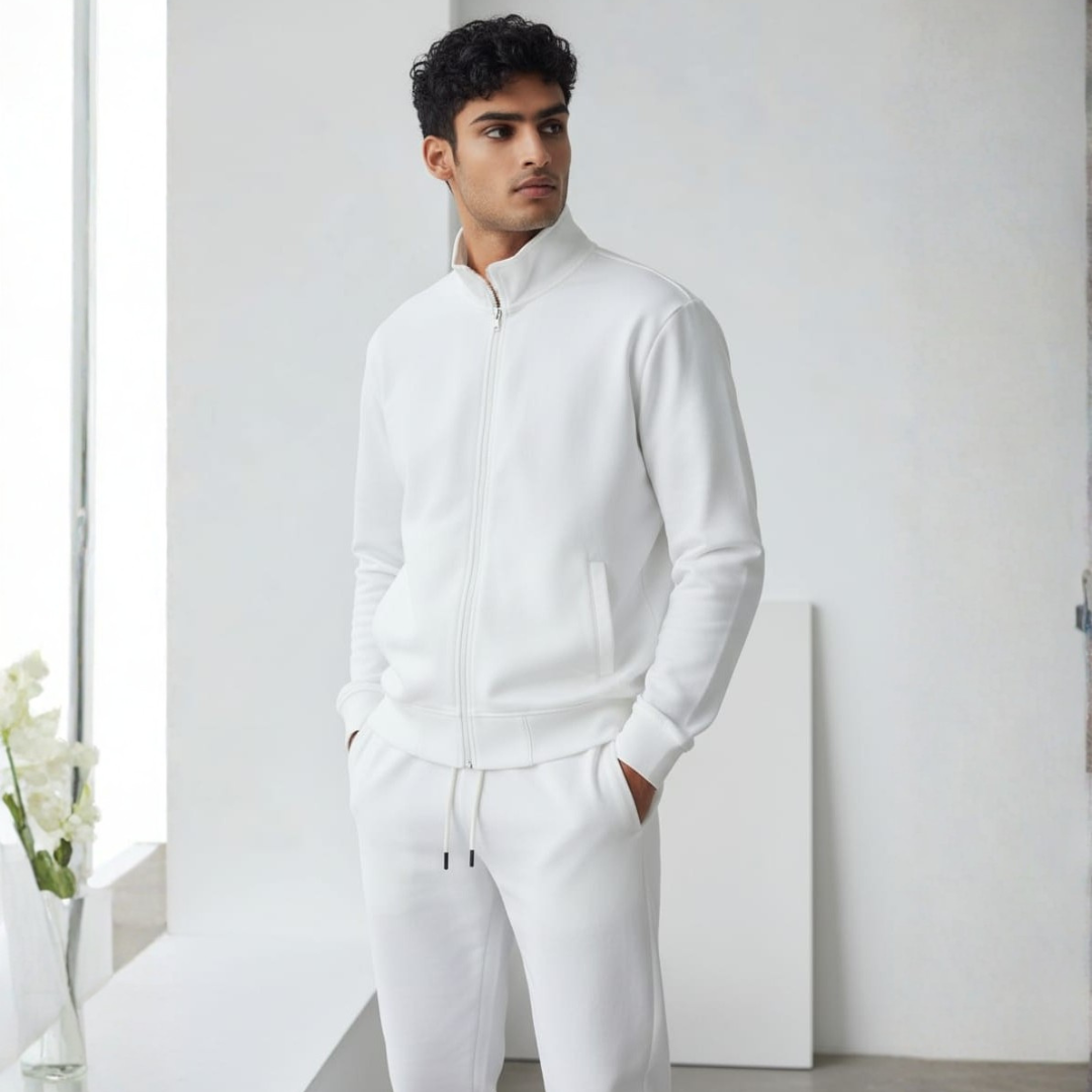 White jacket and pants set with a full zip stand collar jacket and drawcord pants