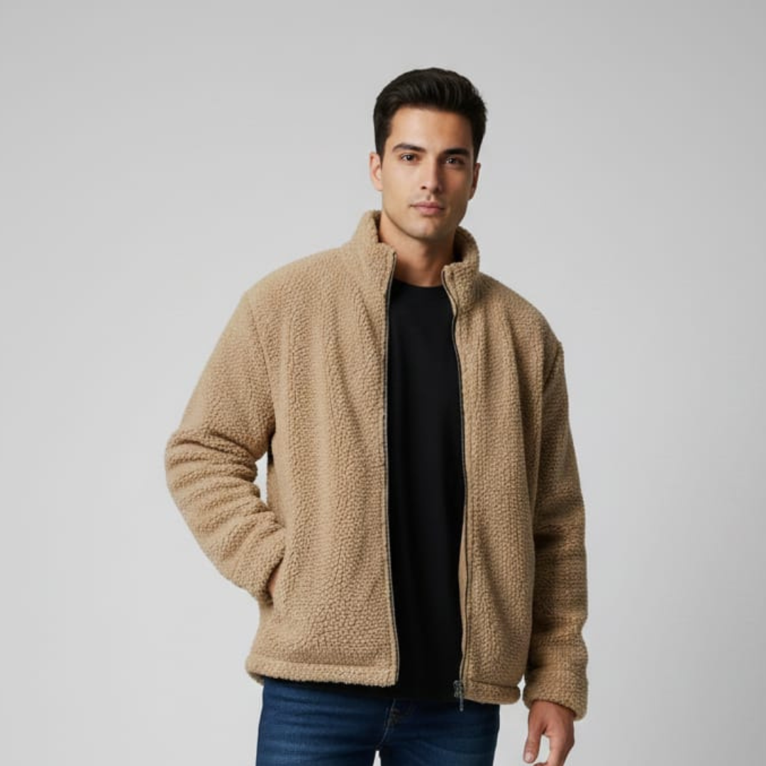Beige jacket with a high stand collar, a full zip, a textured face and two side pockets