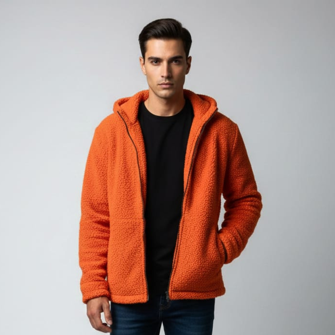 Orange hooded jacket with a full zip, a textured face and two side pockets