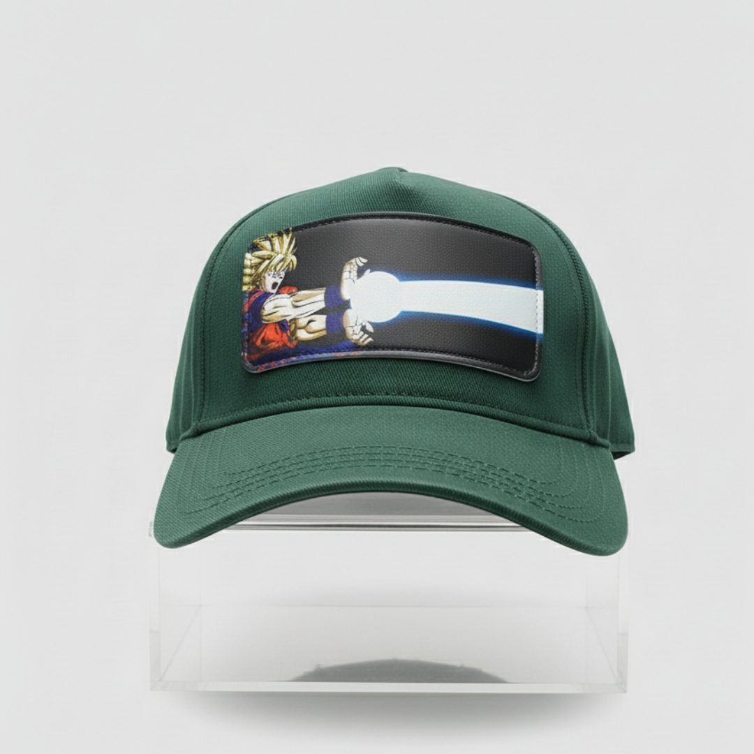 Dark green cap with a wide patch of an animated character at the front