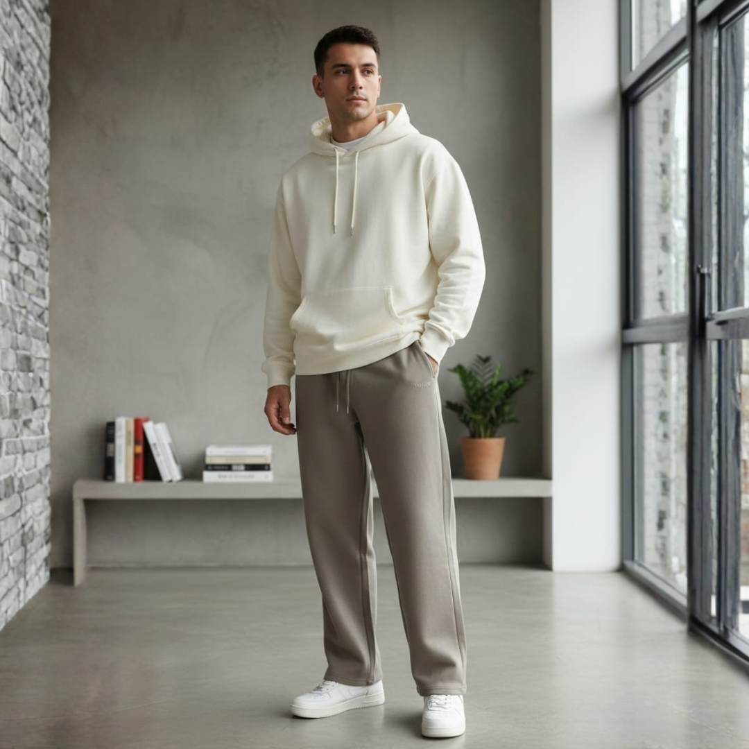 Men Pants in taupe with a wide leg, a drawstring waist and a small mark at the hip