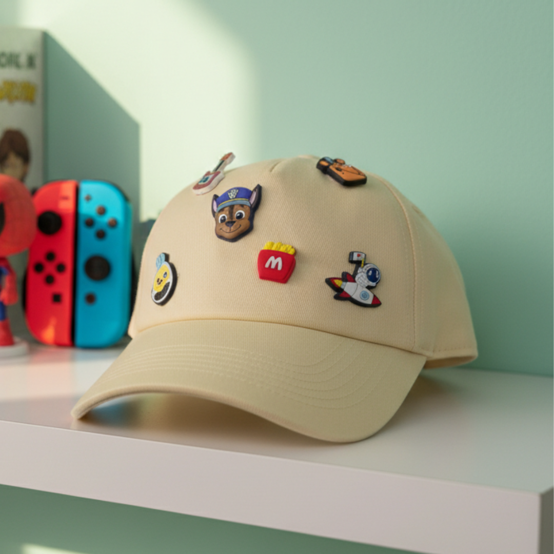 Cream cap with removable rubber charms at the front and a curved peak