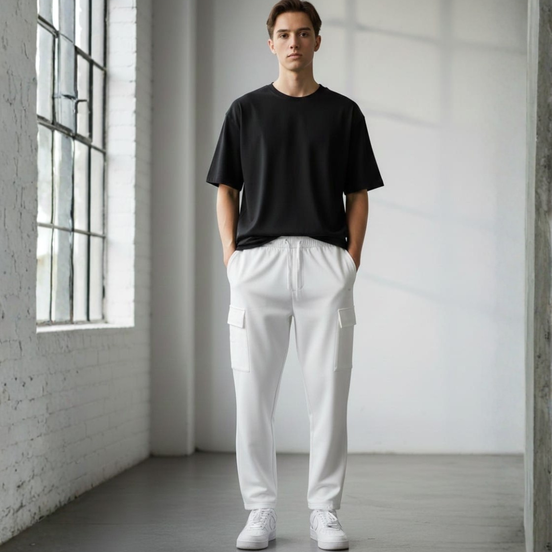White cargo joggers with a flap pocket on each thigh and an elastic drawstring waist
