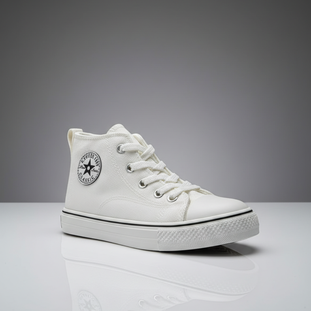 Ivory kids high top with a white toe cap and a white sole with a thin black line