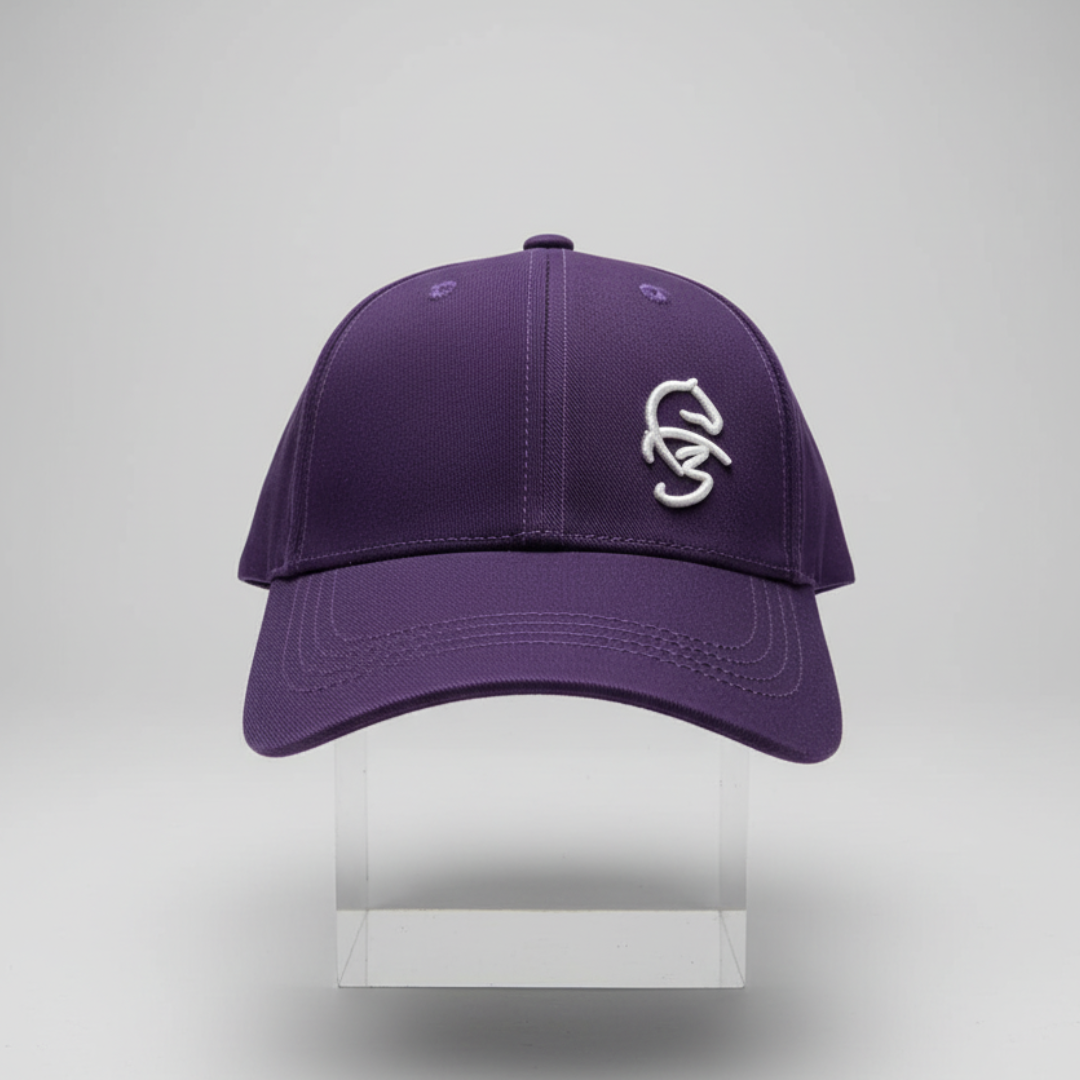 Purple cap with a raised white embroidered logo on the front
