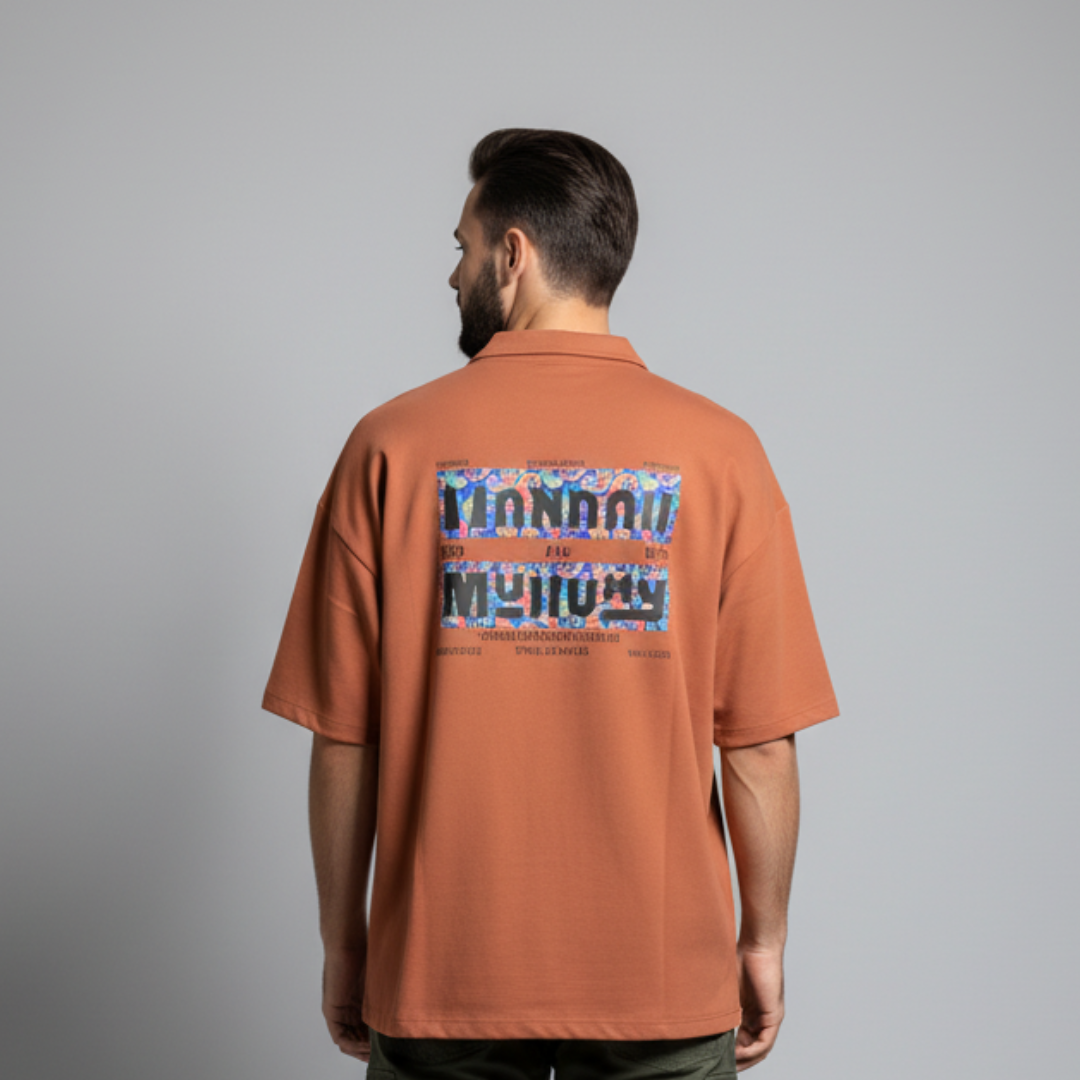 Polo T-Shirt in rust from the back with two stacked panels of colourful letters
