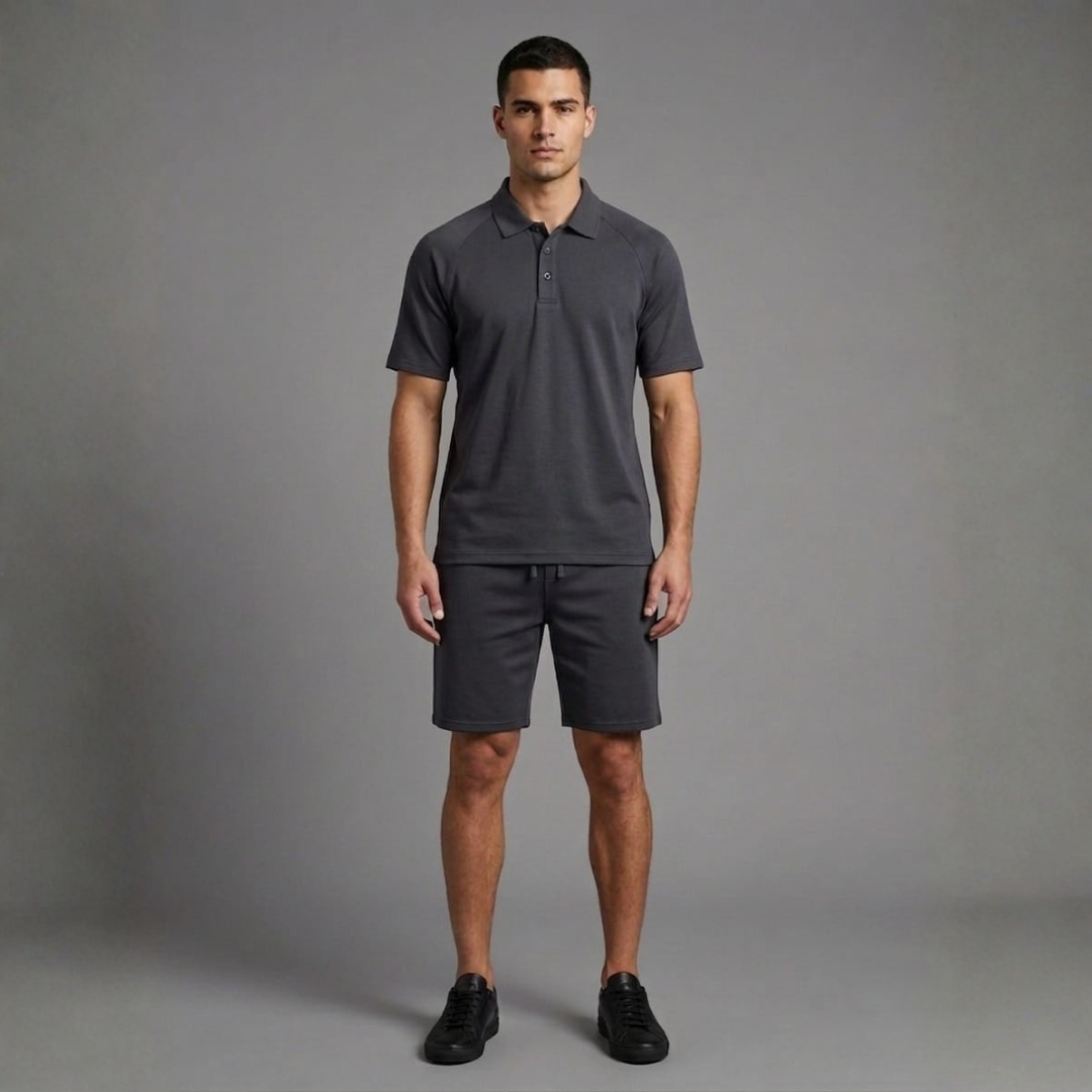 Charcoal grey collared top with buttons and matching grey shorts with a drawcord and a plain finish