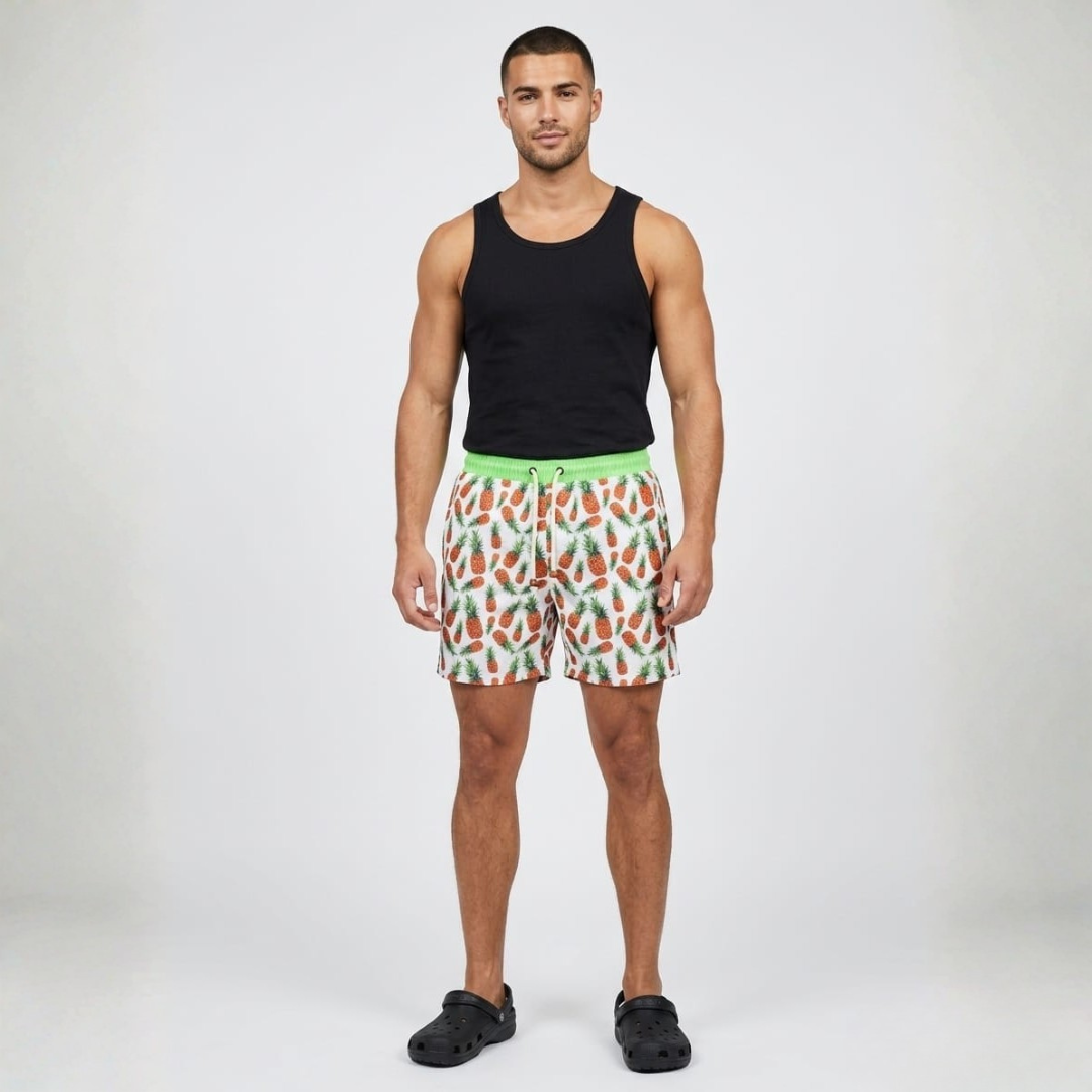 White sea shorts with a pineapple print and a bright green waistband, front view