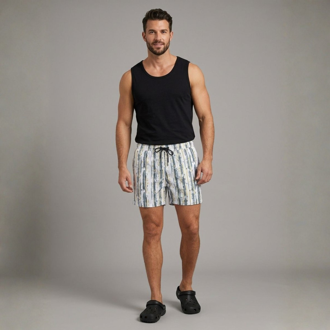 White sea shorts with vertical blue and yellow painted stripes and a black tie