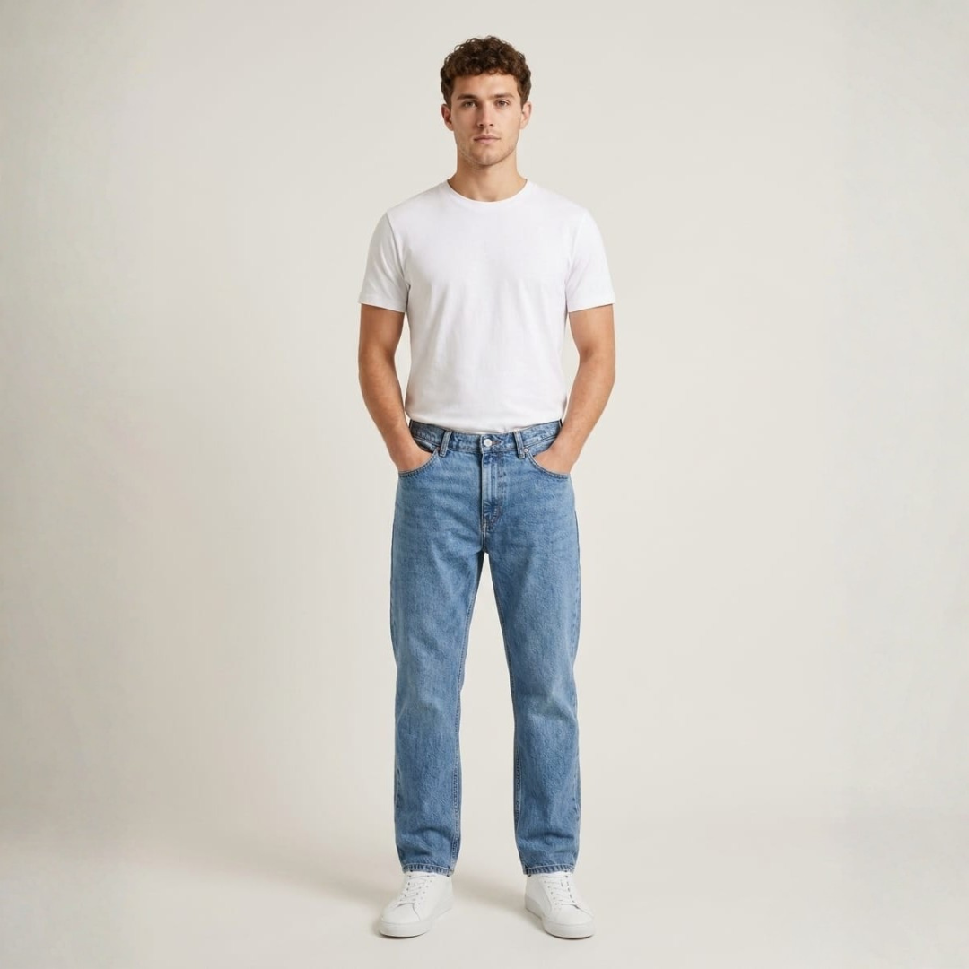 Man in clean blue stonewash jeans with front pockets, white tee, full front view