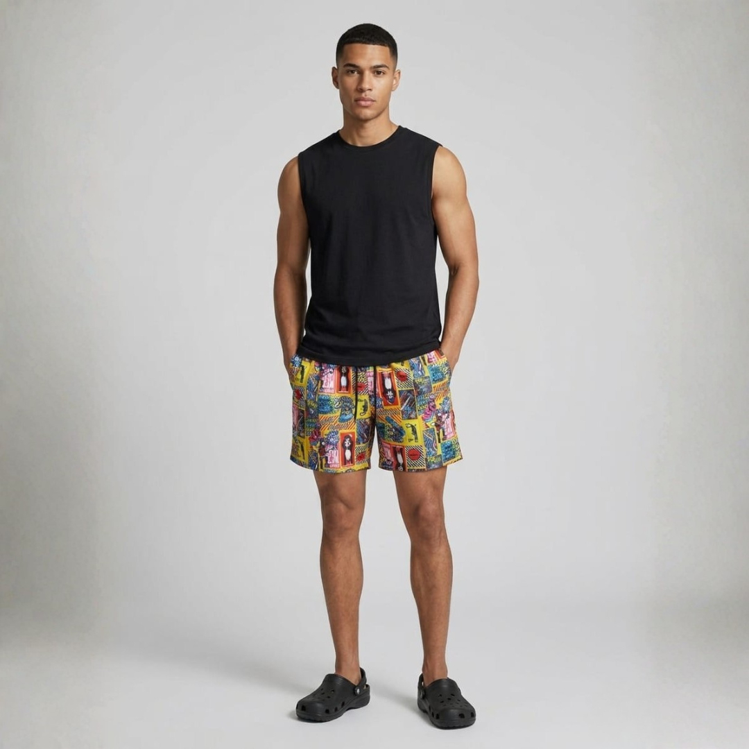 Jumbo sea shorts with a colourful panel print and side pockets