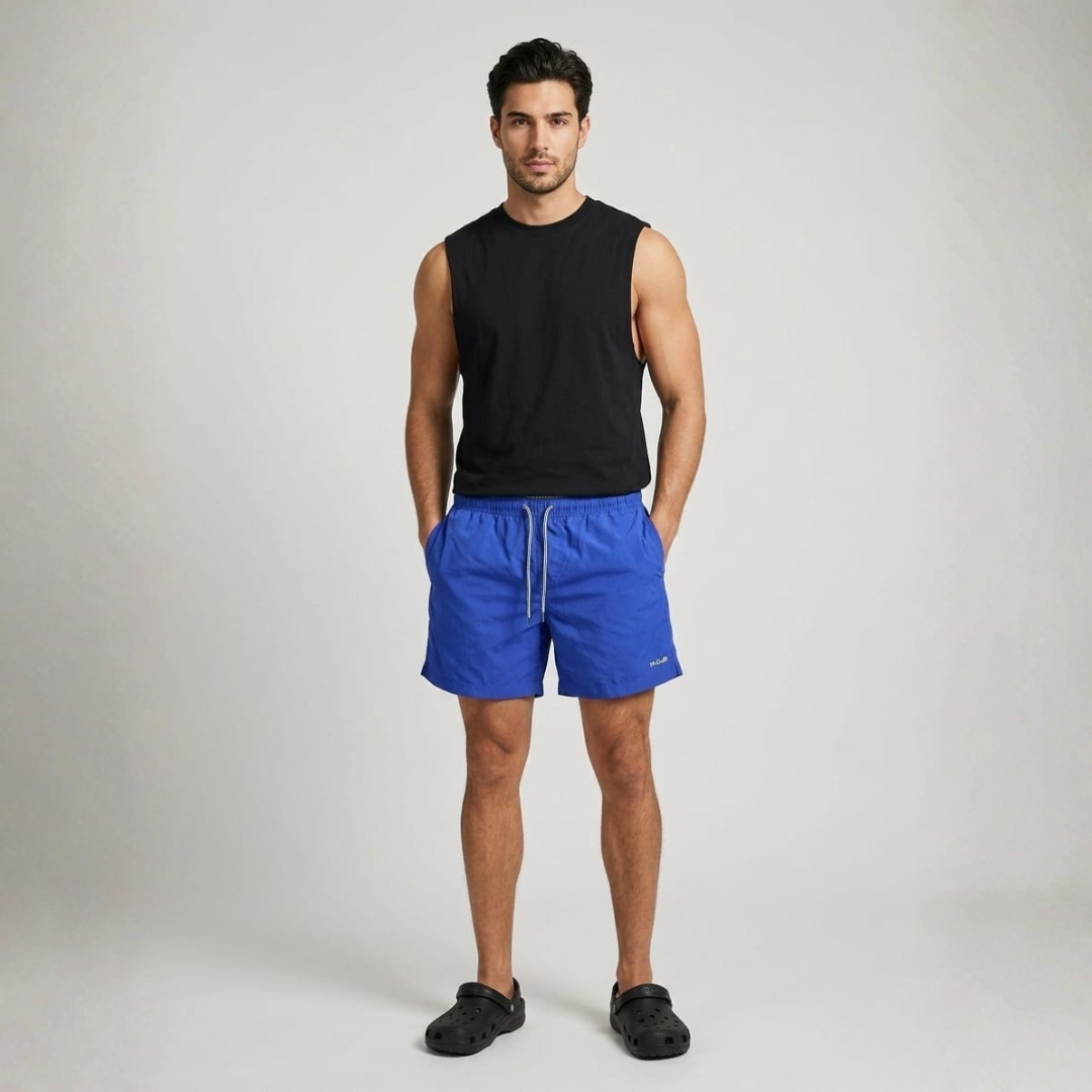 Royal blue jumbo sea shorts with a white drawstring waist