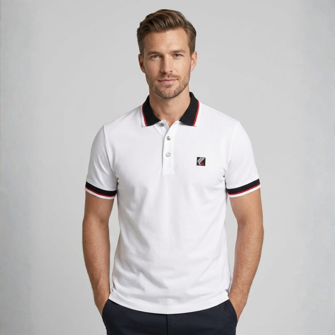 Polo T-Shirt in white with a black collar striped in red and white and a small square badge