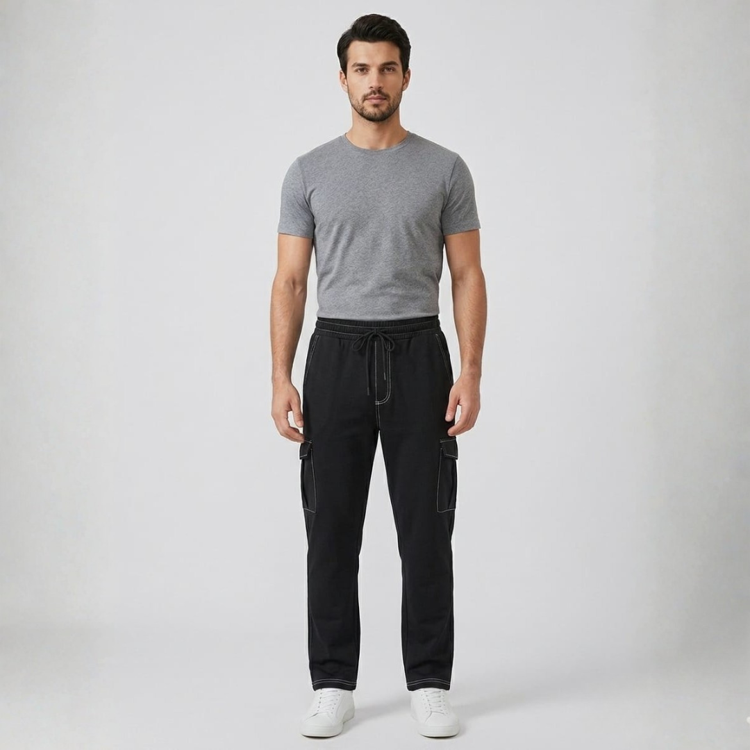 Black cargo trousers with contrast white stitching on the seams and flap pockets