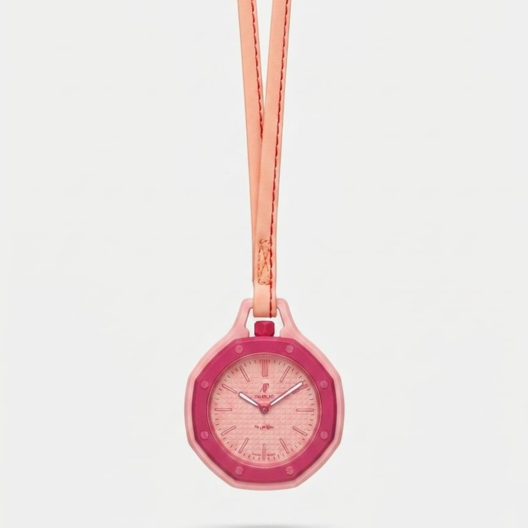 Pink watch charm with an octagonal rose bezel, a textured pale pink dial and a peach hanging strap