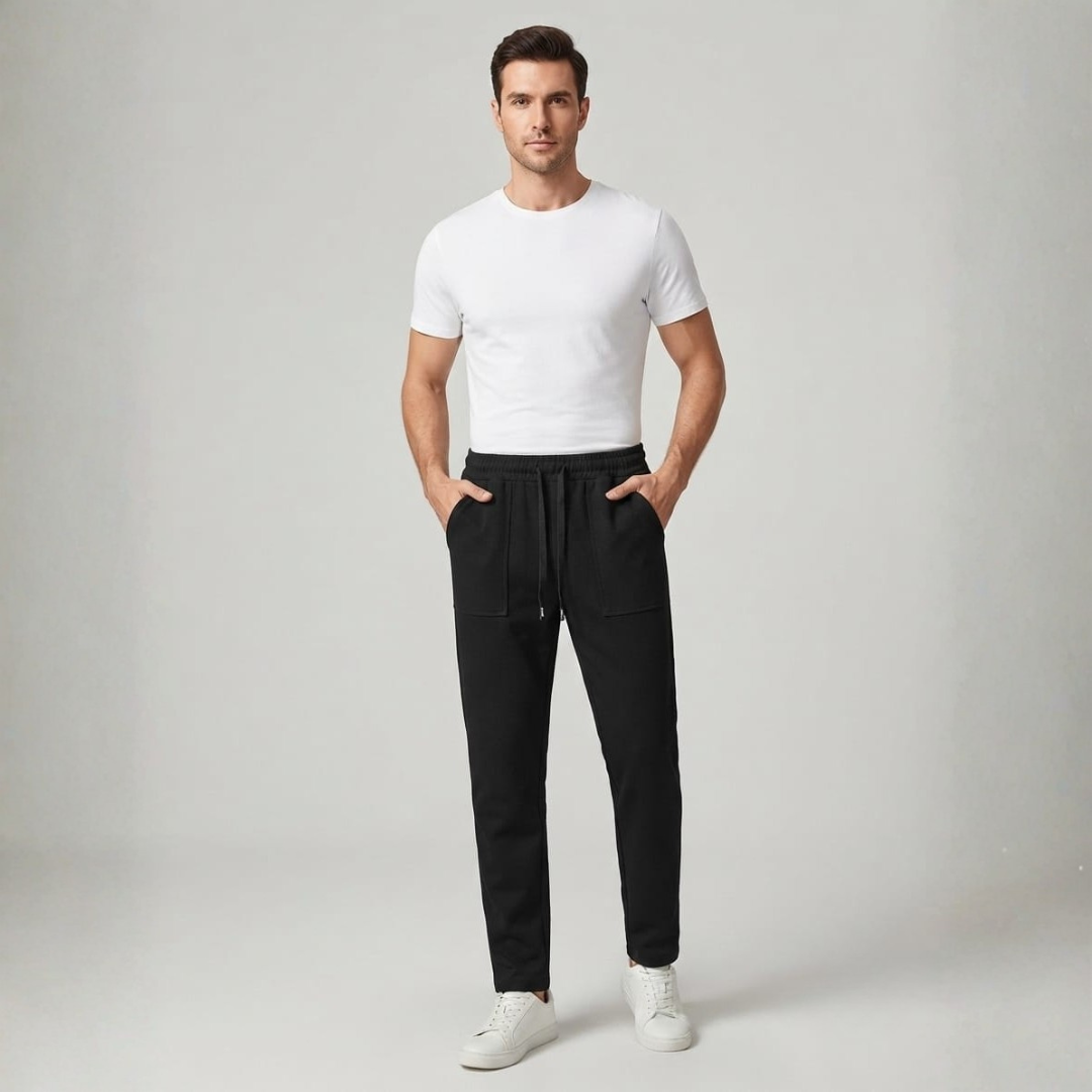 Black trousers with two front patch pockets and a drawstring waist