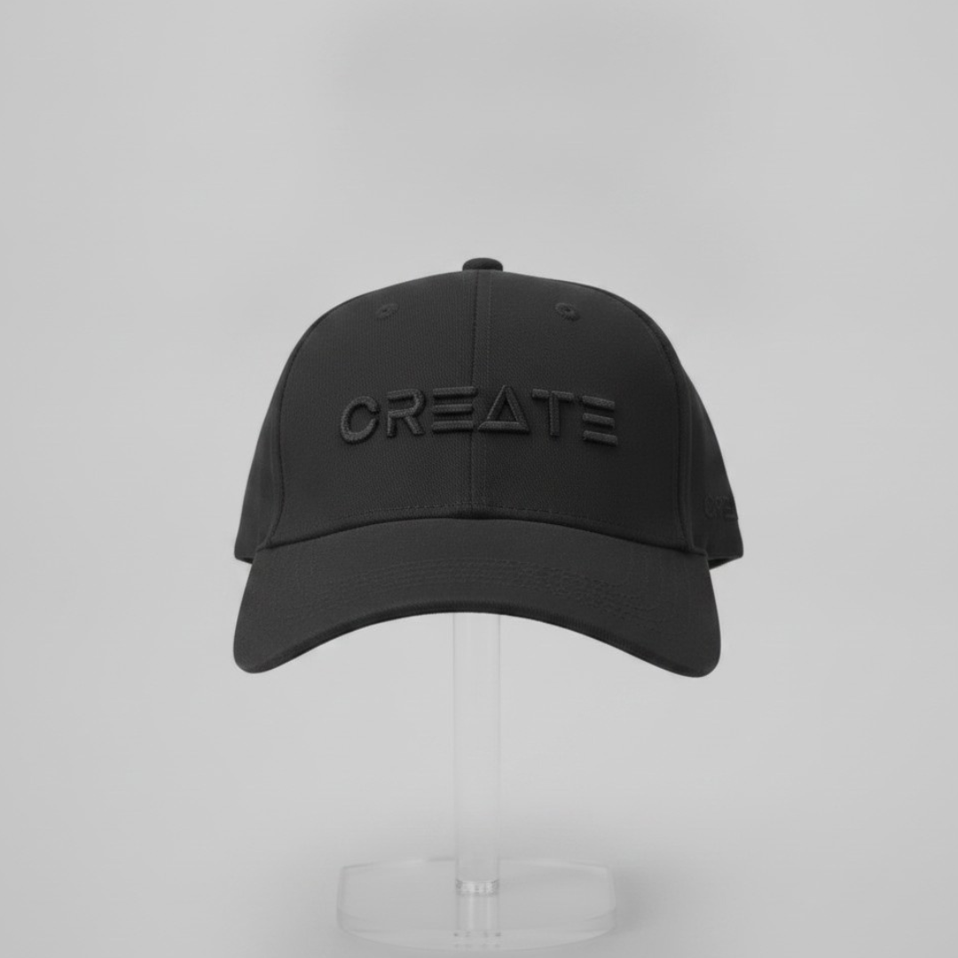 All black cap with raised tonal letters on the front panel