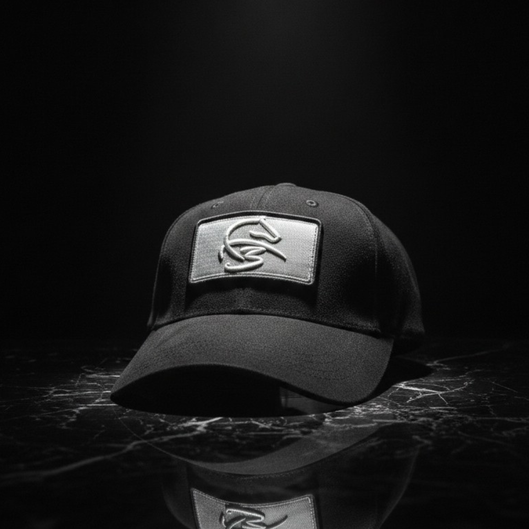 Black cap with a light grey rectangular patch and a black emblem on the front