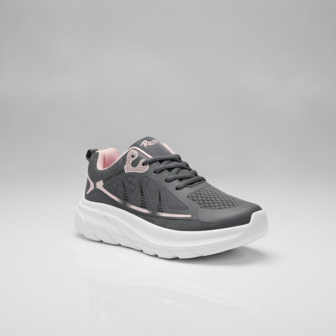 Charcoal lace up shoe with pink side lines, a pink lining and a thick white sole