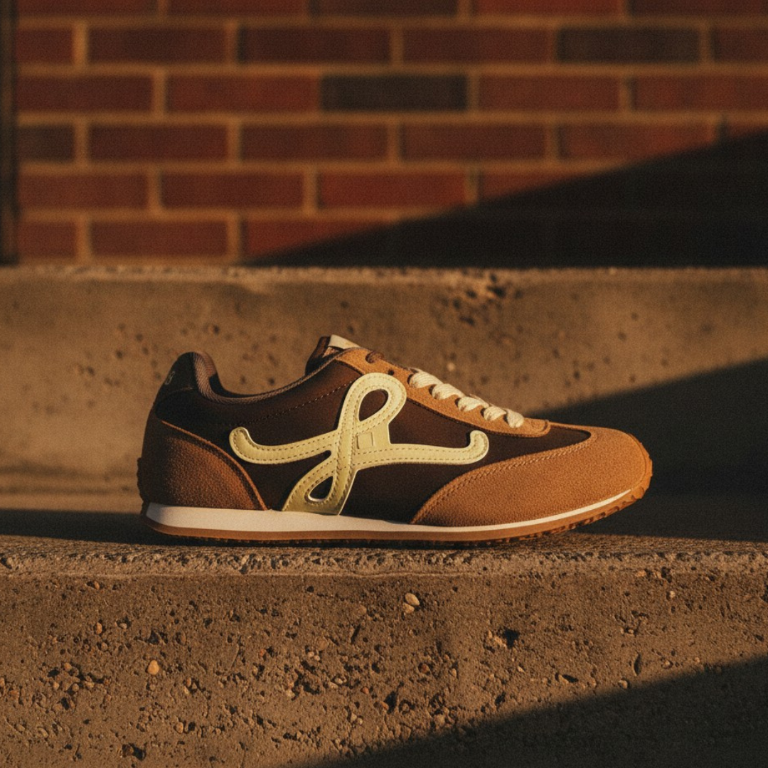 Brown retro shoe with tan panels and a large cream looped shape at the side