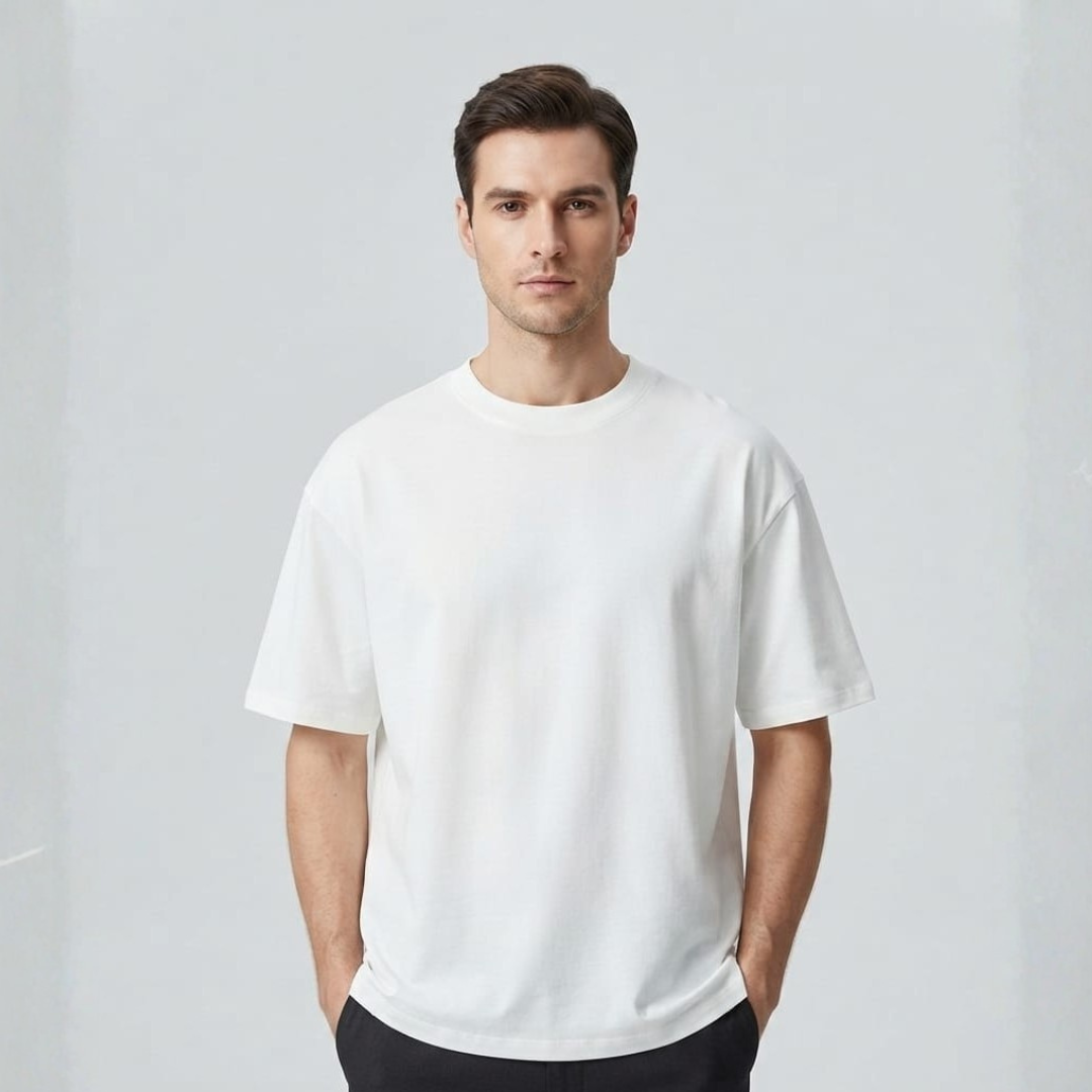 Man in a wide bright white tee with dropped shoulders and short sleeves, facing forward on a pale grey backdrop