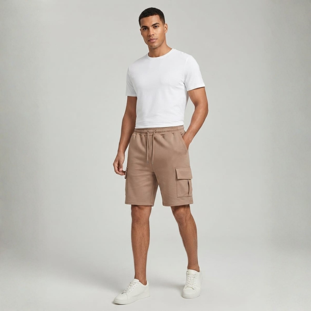 Light brown cargo shorts with a flap thigh pocket and a tonal drawcord, worn with a white tee