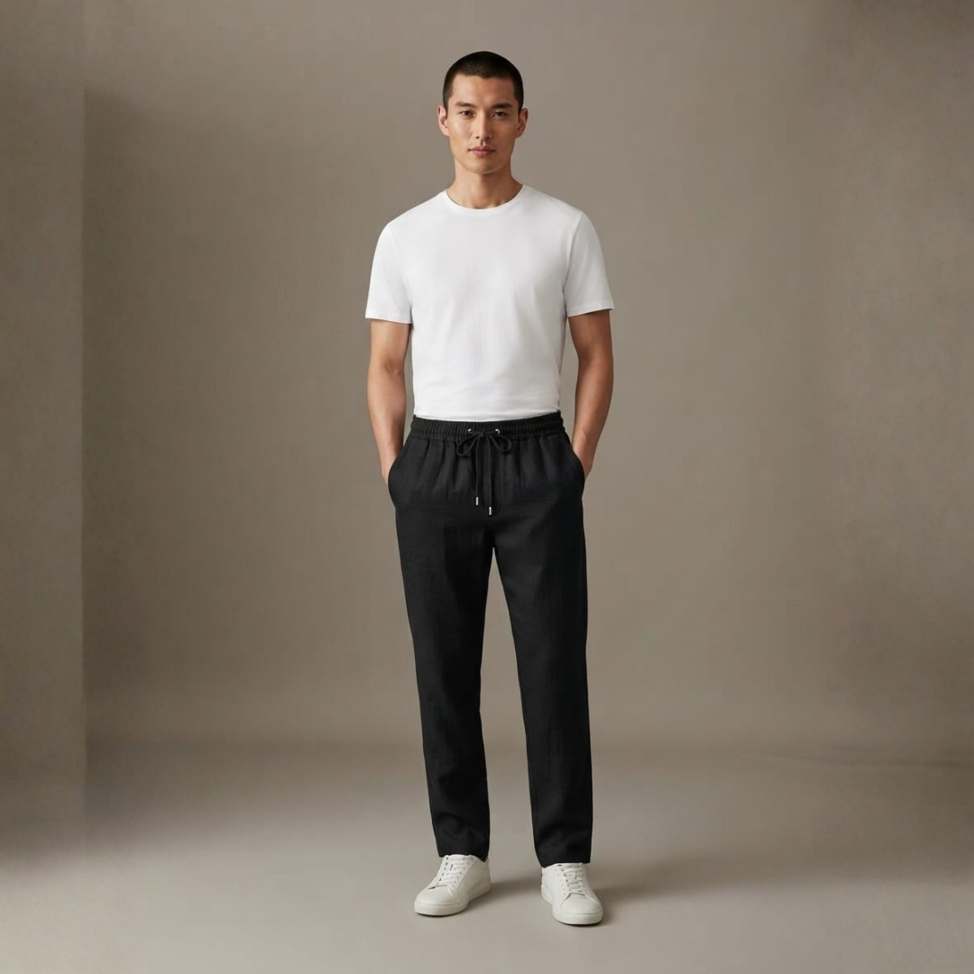 Man in black linen pants with a drawstring waist, white tee and white sneakers, front view