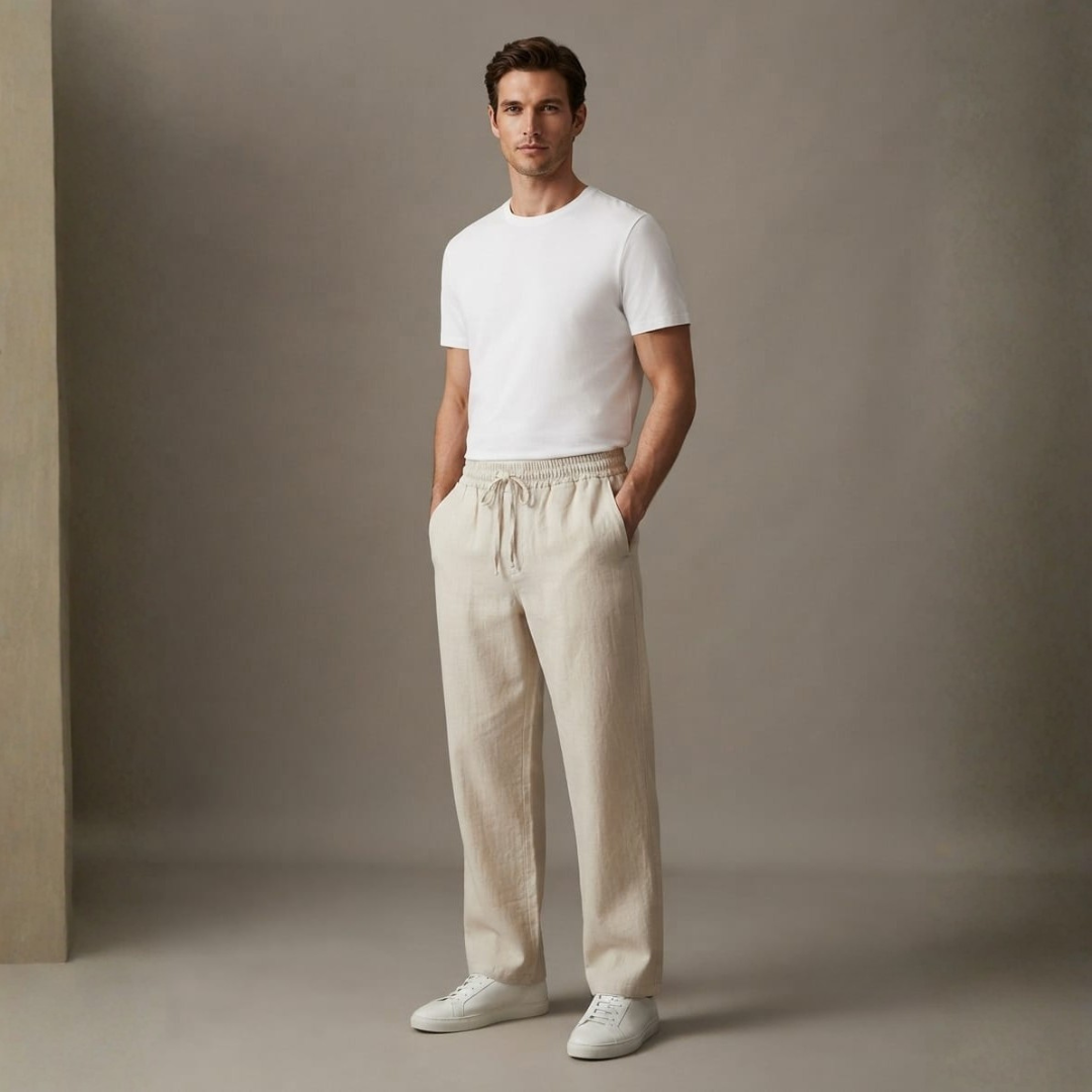 Man in sand linen pants with a loose straight leg and tie waist, white tee, front view
