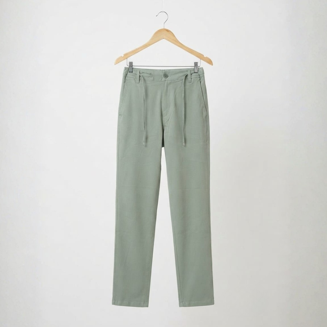 Light green classic pants with an elastic drawstring waist and belt loops