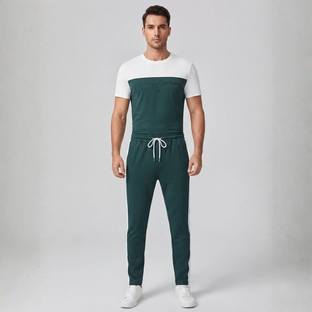 Pants set with a white and deep green colour block tee and green pants with a white stripe