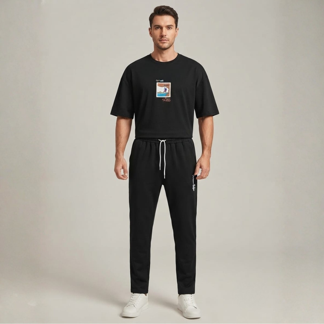 Black pants set with a small square chest print and pants with a pale drawcord waist