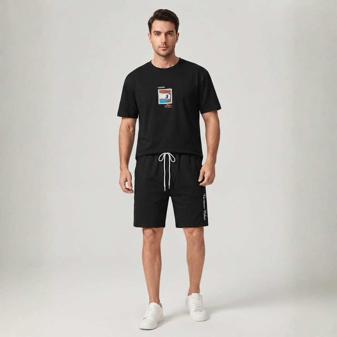 Loose black tee with a small framed print on the chest and black shorts with a white drawcord