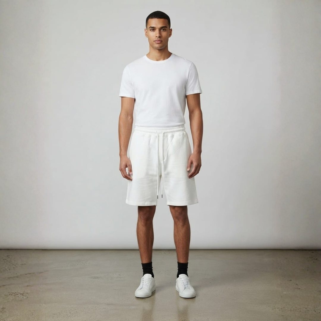 White jumbo shorts with a drawstring waist and side pockets