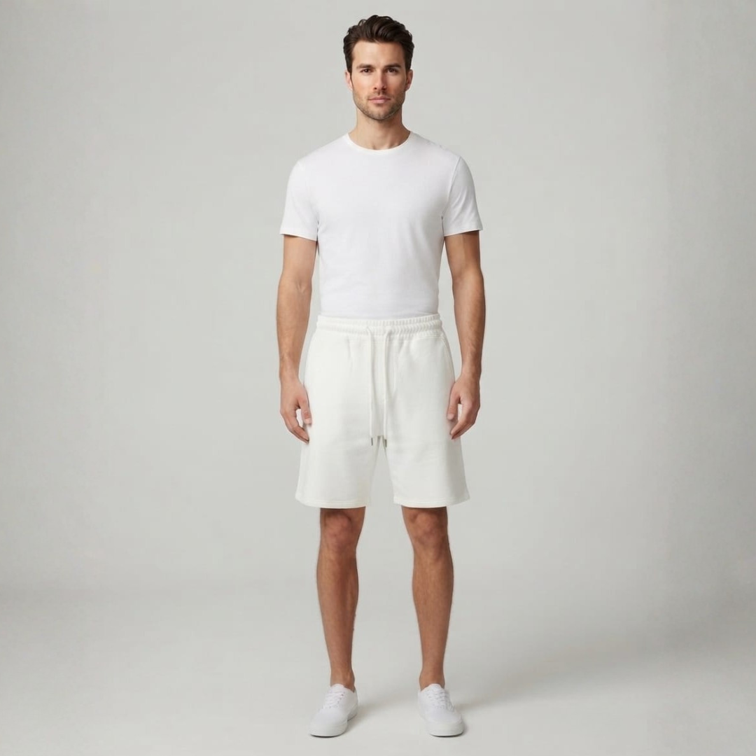 Ivory shorts with a tonal drawcord waist and a straight cut, worn with a white tee and white sneakers