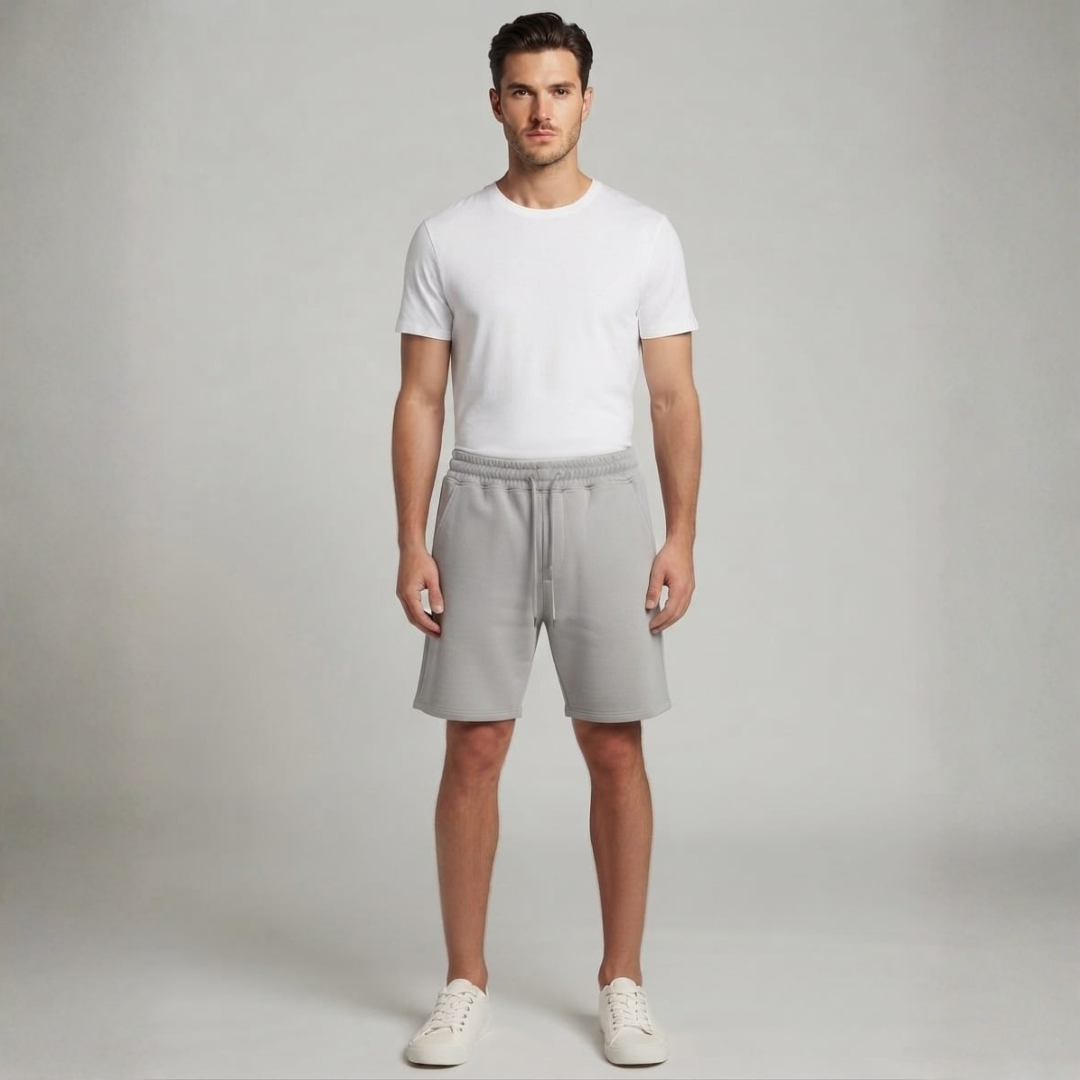 Light grey shorts with an elastic waist, front drawcord and side pockets, worn with a white tee
