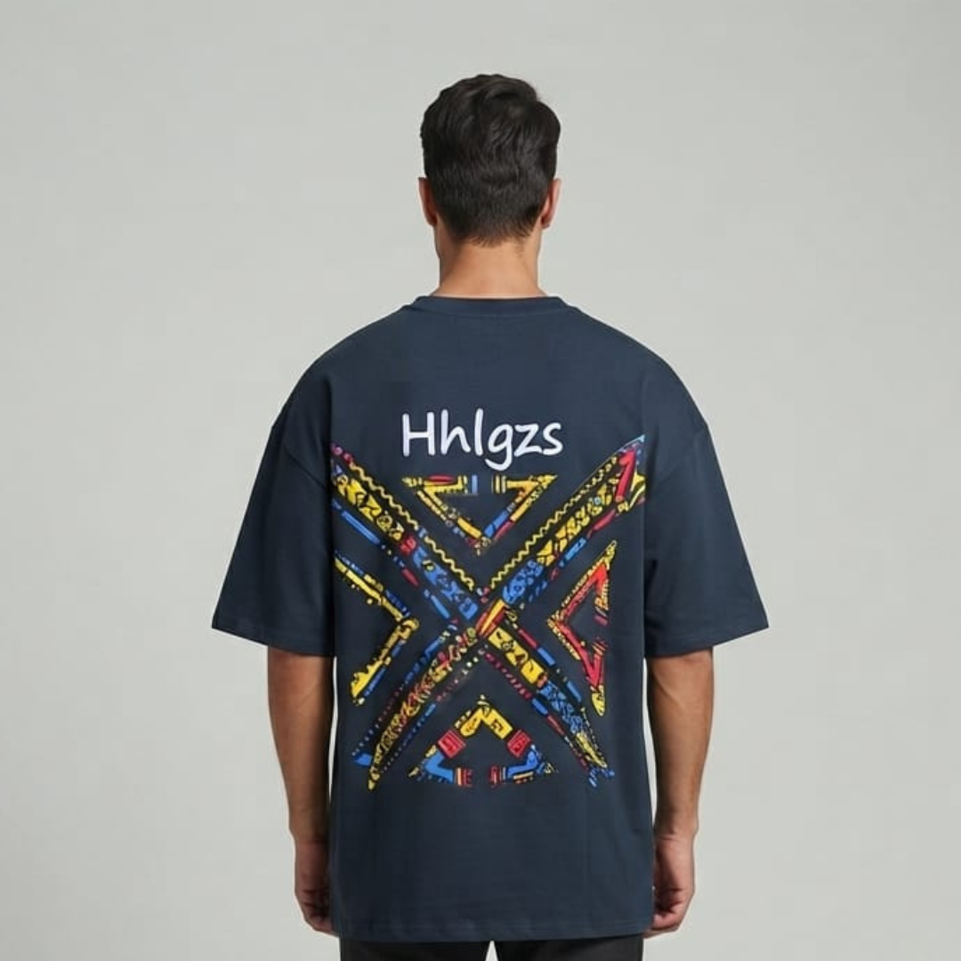 Super Size T-Shirt in navy seen from the back with a large colourful crossed print and lettering above it