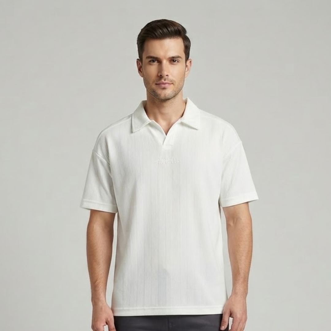 Polo T-Shirt in white with fine ribbed lines and two lines of tonal lettering at the chest