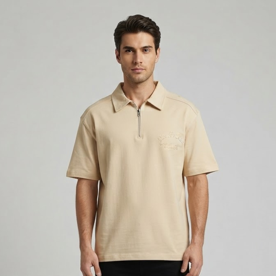 Polo T-Shirt in sand with a short zip at the collar and tonal script lettering at the chest