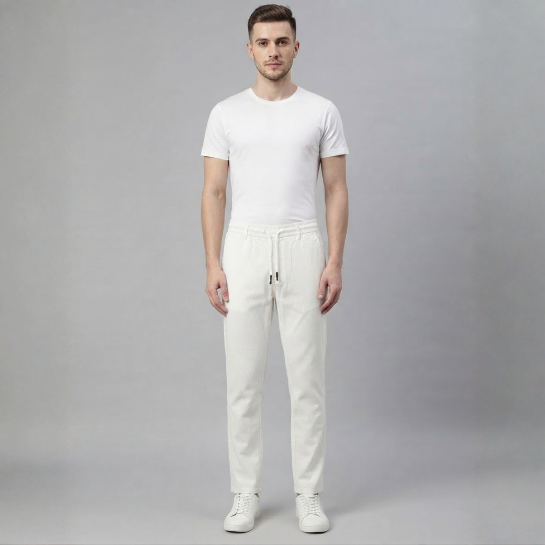White casual pants with an elastic drawstring waist