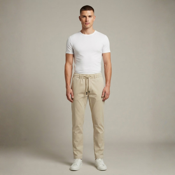 Light beige casual pants with an elastic waist and side pockets