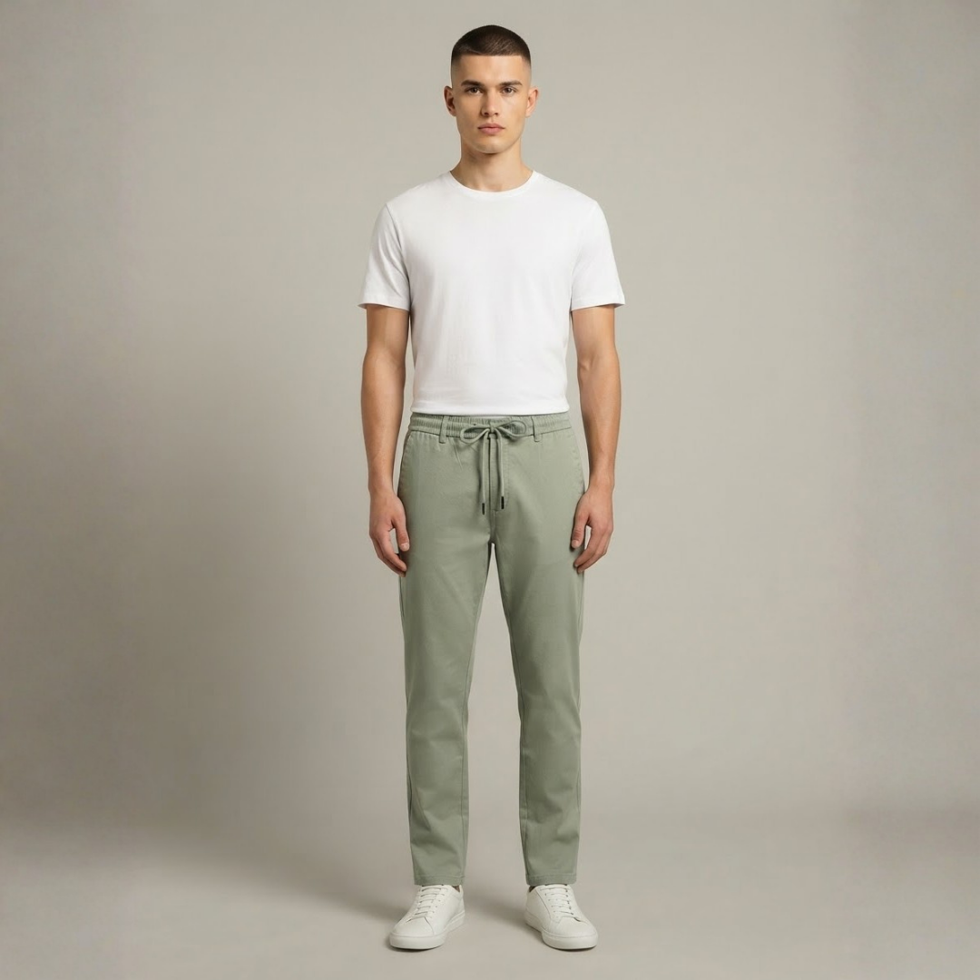 Light green casual pants with an elastic drawstring waist