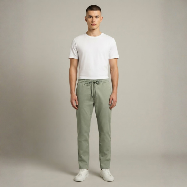 Light green casual pants with an elastic drawstring waist